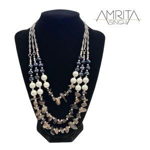 AMRITA SINGH Proclamation 3-tier Necklace Natural Agate Black/Silver NWT